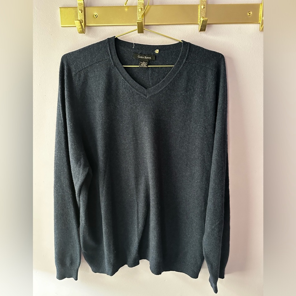 Glen Royal Navy Blue Cashmere Wool V-Neck Sweater Size XL